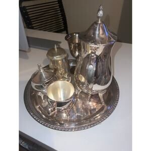 Vtg Leonard Silver Plate Tea Set Teapot Sugar and Creamer cup & Platter 6 Pieces